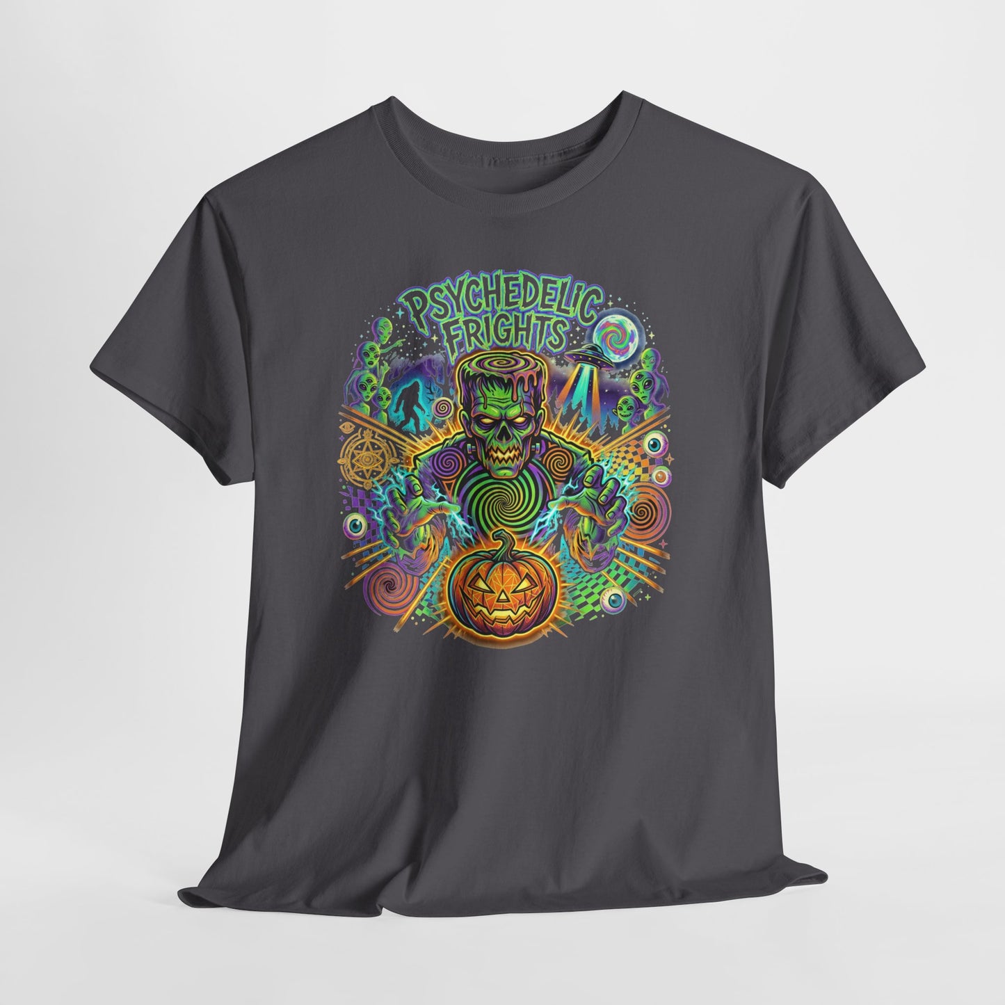 Psychedelic Monsters Halloween Tee — Spooky Pumpkin and Sasquatch Horror Graphic T-Shirt