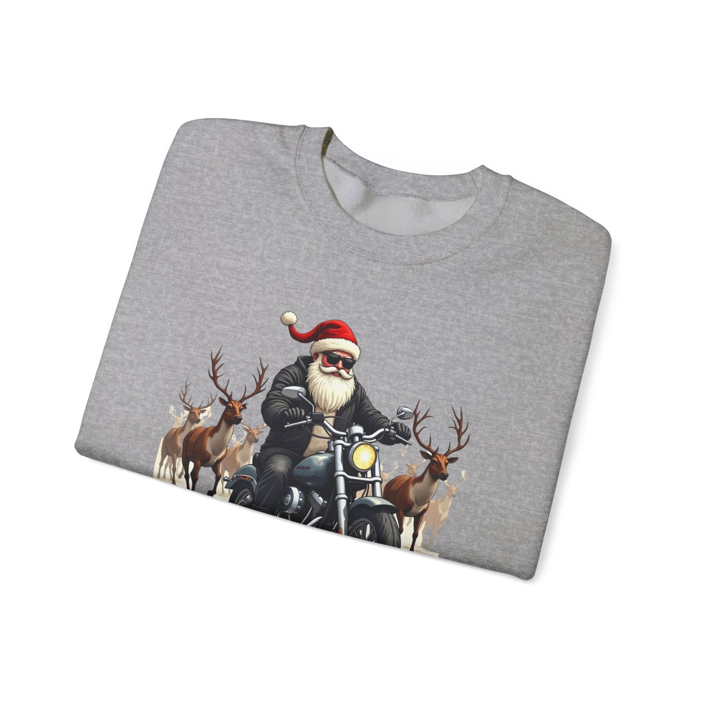 Santa on Motorcycle in Reindeer Stampede — Biker Santa Christmas Crewneck