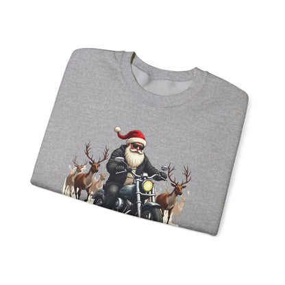 Santa on Motorcycle in Reindeer Stampede — Biker Santa Christmas Crewneck