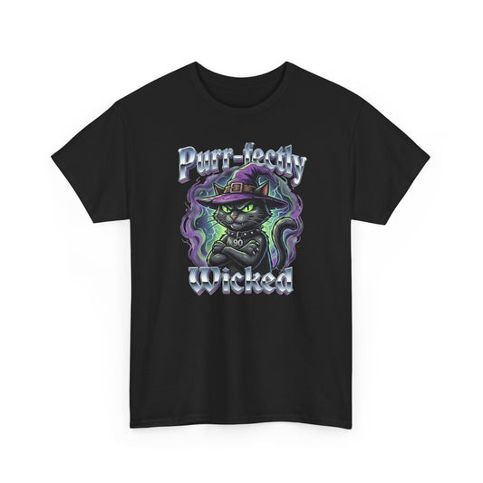 Purr-fectly Wicked T-Shirt — Witch Cat Graphic Tee (Halloween Gift)