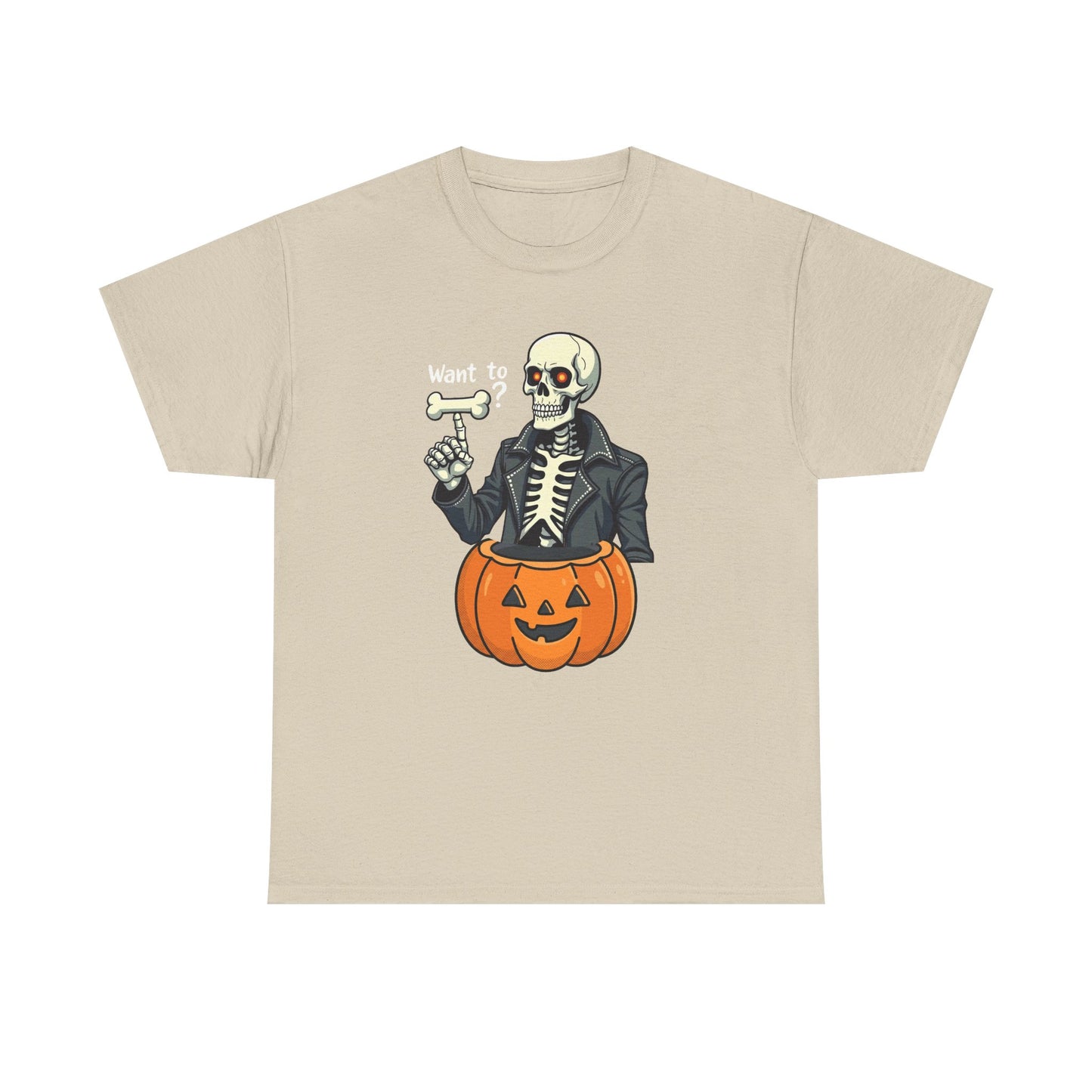 Halloween Skeleton Tee — 'Want to?' Pumpkin Jack-O'-Lantern Graphic Shirt