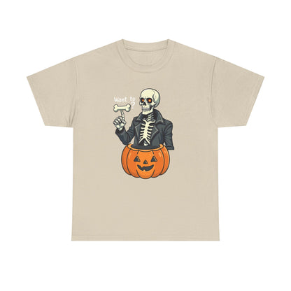 Halloween Skeleton Tee — 'Want to?' Pumpkin Jack-O'-Lantern Graphic Shirt
