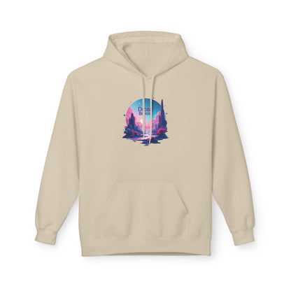 Retro Vaporwave Nature Hoodie — Neon Sunset Cityscape Graphic