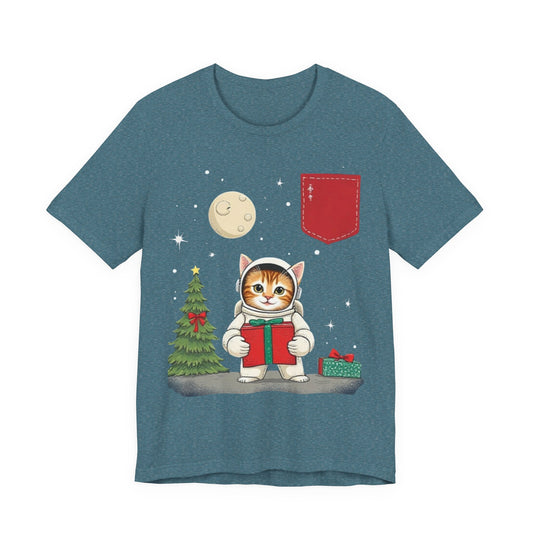 Christmas Cat Faux Pocket — Cute Holiday Cat Holding Gift Night Sky T-Shirt