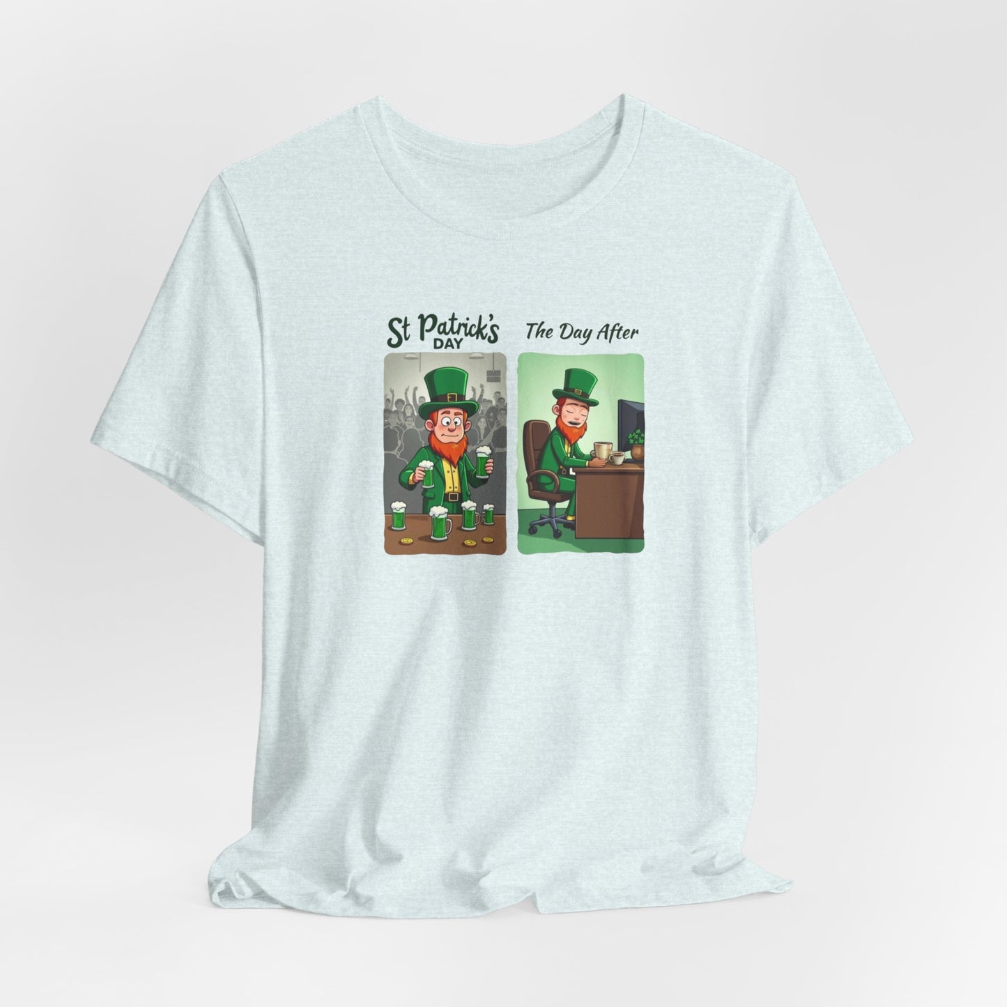 St. Patrick's Day Leprechaun Funny Cartoon T-Shirt — "St. Patrick's Day / The Day After" Tee