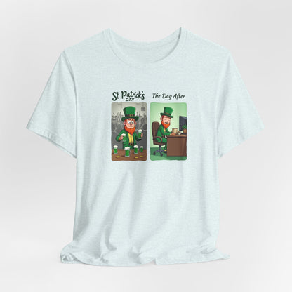 St. Patrick's Day Leprechaun Funny Cartoon T-Shirt — "St. Patrick's Day / The Day After" Tee