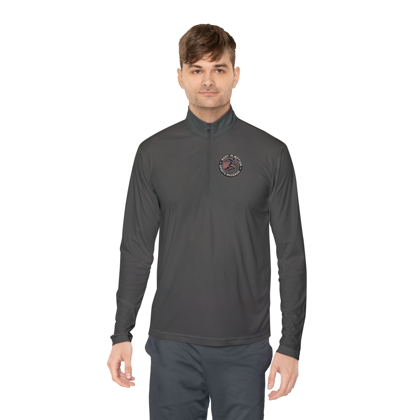 Sports Massage, Quarter-Zip Pullover — Vintage Fishing Badge Logo