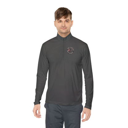 Sports Massage, Quarter-Zip Pullover — Vintage Fishing Badge Logo