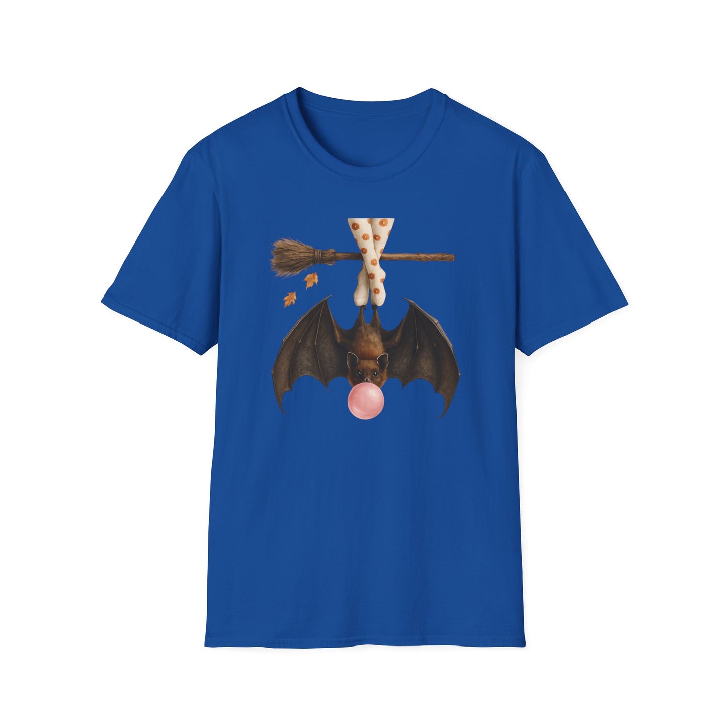Bat and Bubblegum Unisex Softstyle T-Shirt, Halloween Top, Whimsical Graphic Tee, Cute Gift for Animal Lovers, Fall Vibes