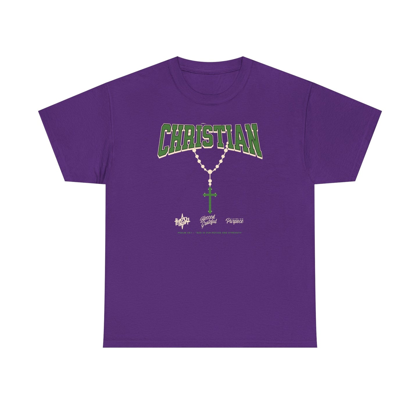 Christian Graphic Tee — Green Rosary Cross Shirt