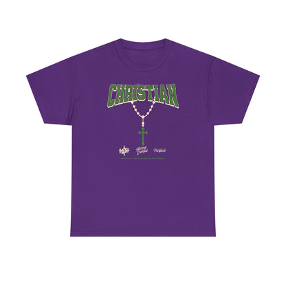 Christian Graphic Tee — Green Rosary Cross Shirt