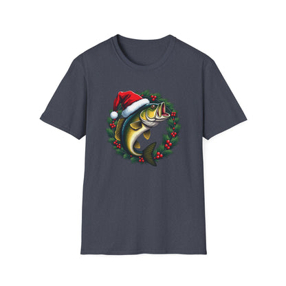 Christmas Wreath Bass Fishing T-Shirt — Santa Hat Fish Holiday Tee