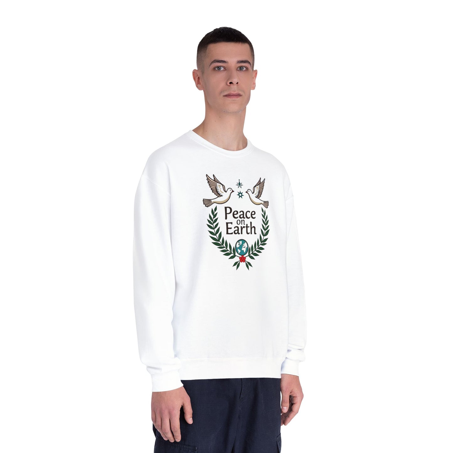 Peace on Earth Crewneck Sweatshirt — Holiday Dove & Laurel Graphic