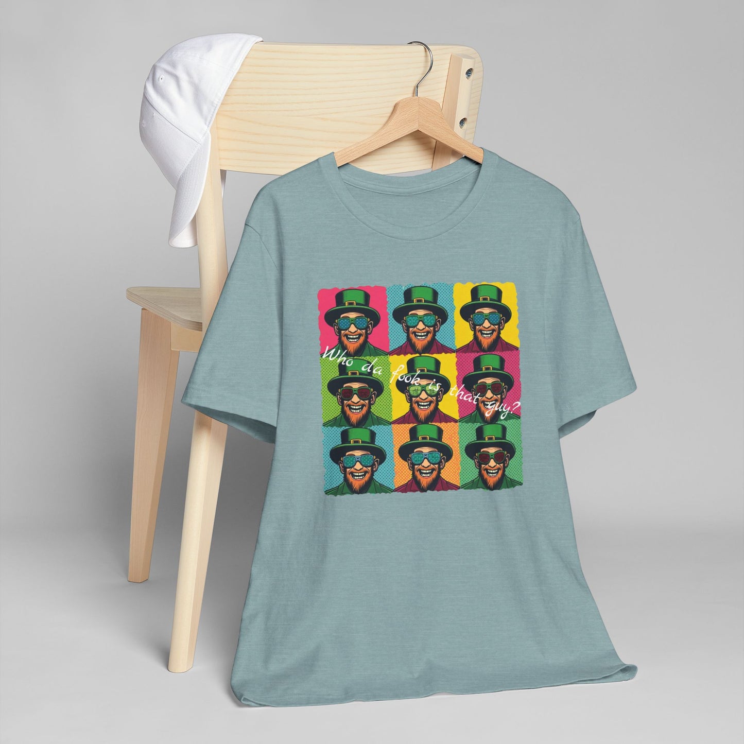 Pop Art Leprechaun, Who da fook is that guy?” T-Shirt — Colorful St. Patrick’s Day Graphic Tee