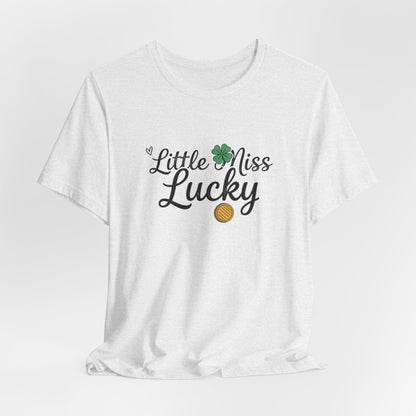 Little Miss Lucky T-Shirt — St. Patrick’s Day Girls’ Tee with Shamrock & Gold Coin