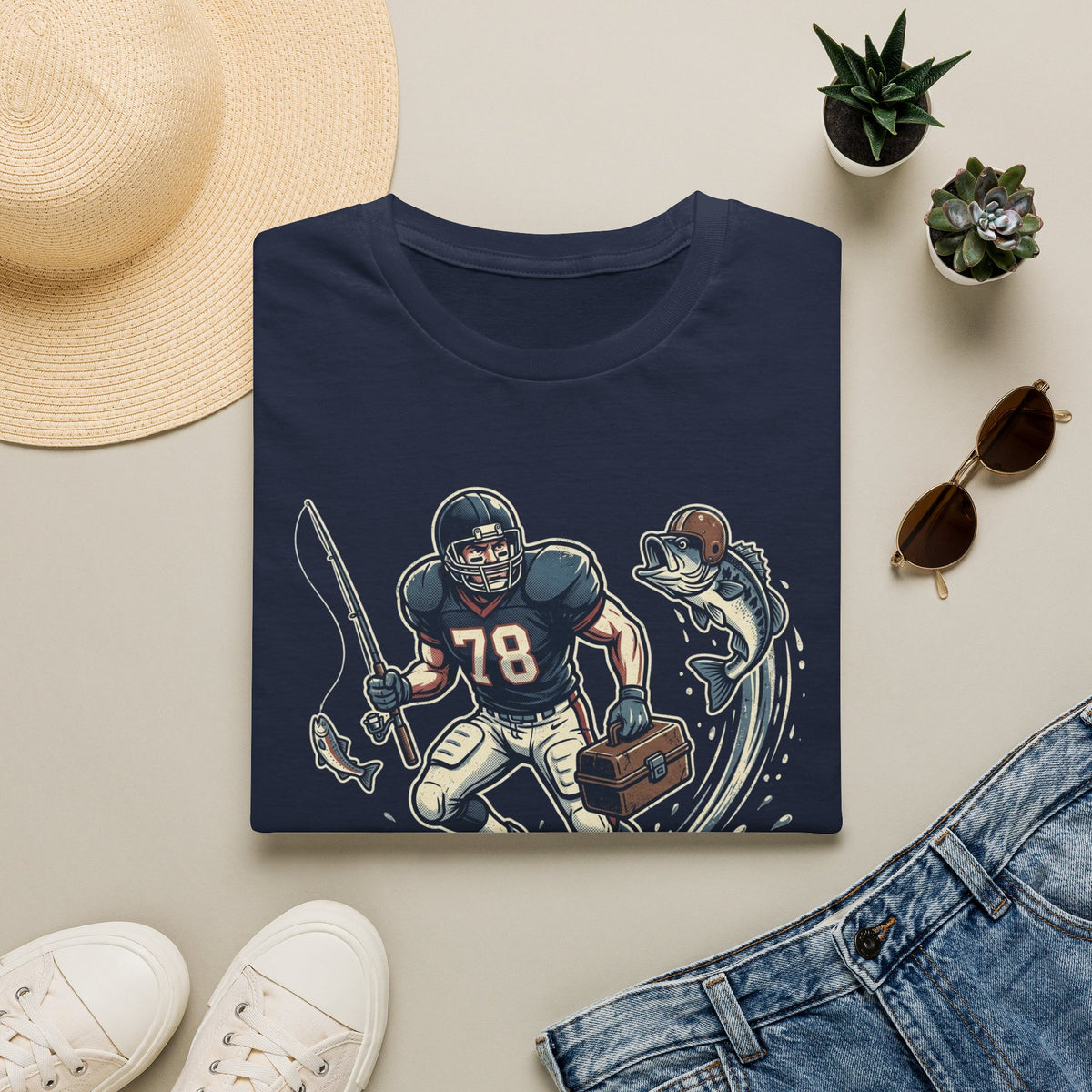Football Fisherman T‑Shirt – Vintage Helmeted Player Catching Fish Graphic