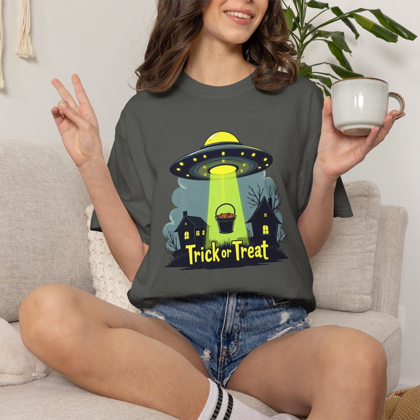 Halloween UFO Trick or Treat T-Shirt — Alien Abduction Spooky Tee