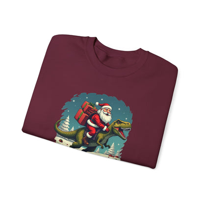 Santa Dashing through on a Dinosaur Sweatshirt — Santa Riding T-Rex Holiday Crewneck