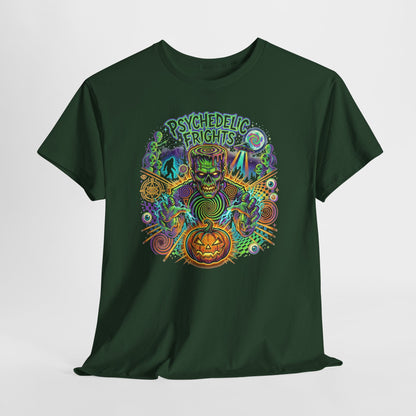 Psychedelic Monsters Halloween Tee — Spooky Pumpkin and Sasquatch Horror Graphic T-Shirt