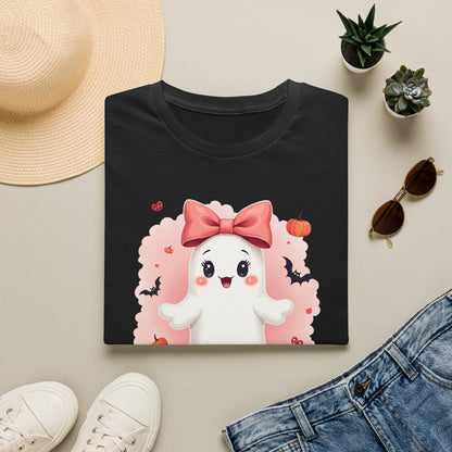 Cute Halloween Ghost T-Shirt — Pink Bow Ghost with Pumpkins & Bats