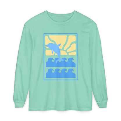 Sunset Dolphin Unisex Garment-dyed Long Sleeve T-Shirt - Psychonaut Swag
