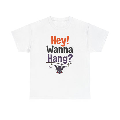 Wanna Hang, Bat Halloween Themed Unisex Heavy Cotton Tee - Fun & Spooky Graphic Tee, Perfect for Parties, Costume Events, Fall Celebrations, Gifts - Psychonaut Swag