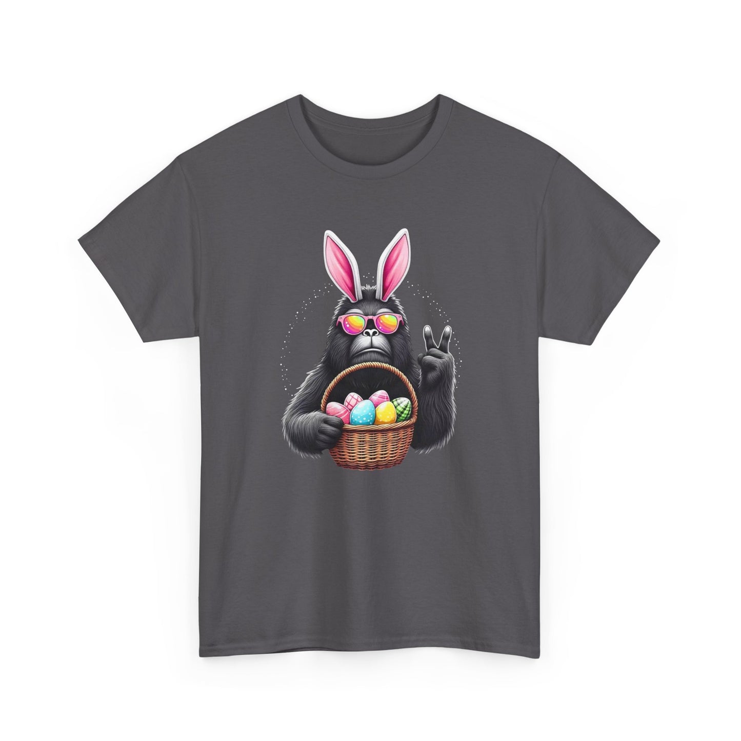 Easter Sasquatch Peace Sign T-Shirt — Cool Black Bunny with Egg Basket