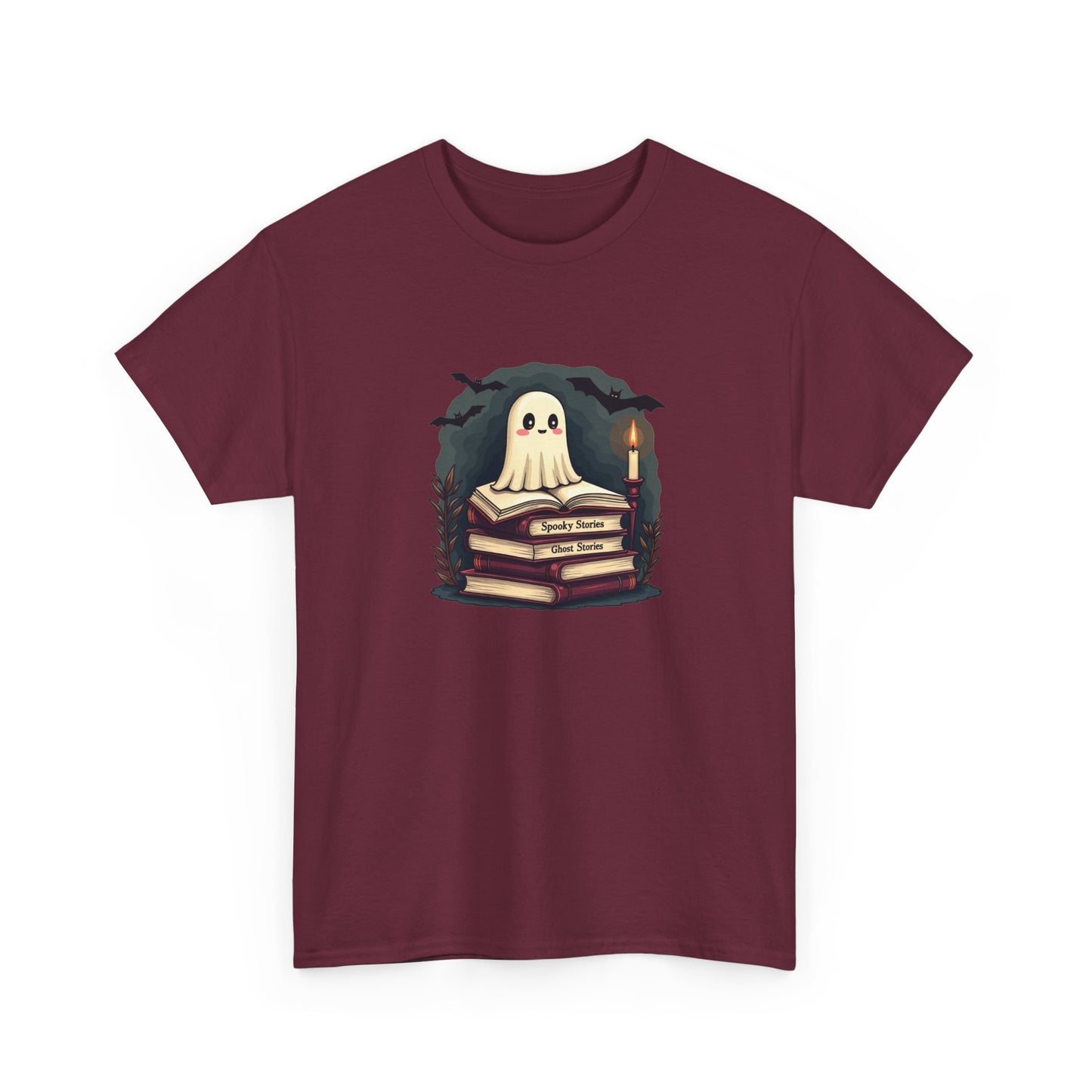 Ghost Reader T-Shirt — Cute Ghost on Stacked Books Halloween Tee