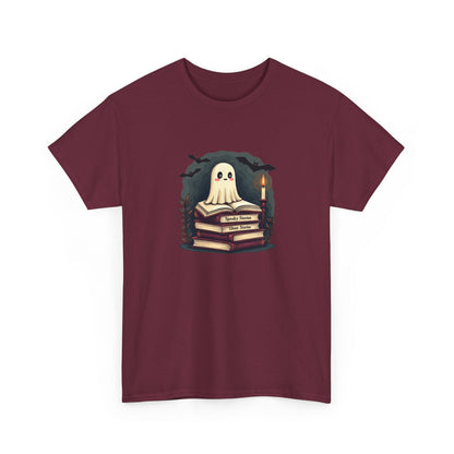 Ghost Reader T-Shirt — Cute Ghost on Stacked Books Halloween Tee
