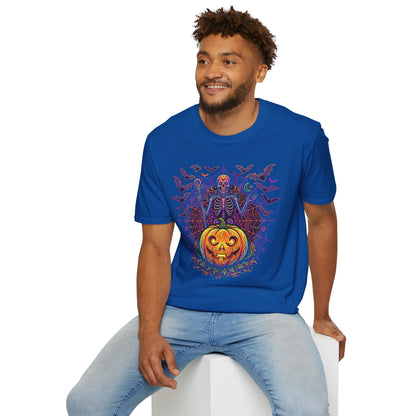 Skeleton Sorcerer Halloween T-Shirt — Jack-O'-Lantern & Bats Spooky Tee