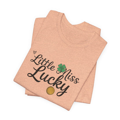 Little Miss Lucky T-Shirt — St. Patrick’s Day Girls’ Tee with Shamrock & Gold Coin