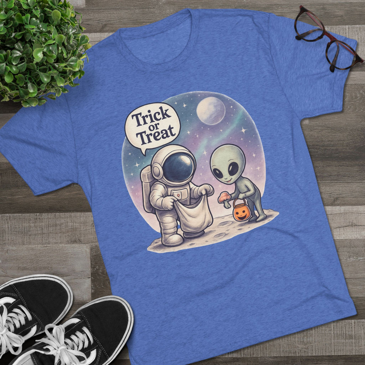 Space Trick or Treat Crew Tee, Halloween T-Shirt, Space Theme Shirt, Unisex Graphic Tee, Fun Costume Tee, Gift for Space Lovers