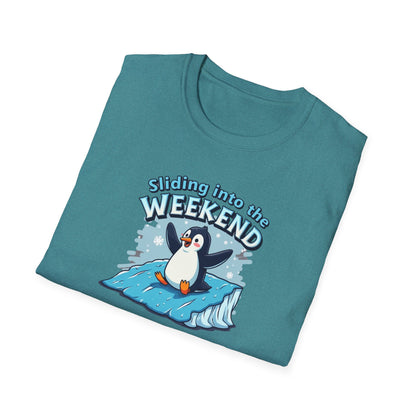 Sliding Penguin, Weekend Vibes T-Shirt, Funny Graphic Tee, Penguin Design Shirt, Casual Apparel, Unisex Softstyle T-Shirt - Psychonaut Swag