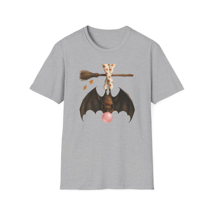 Bat and Bubblegum Unisex Softstyle T-Shirt, Halloween Top, Whimsical Graphic Tee, Cute Gift for Animal Lovers, Fall Vibes