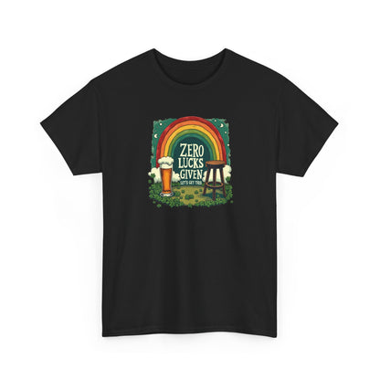 St. Patrick’s Day Tee — "Zero Lucks Given" Rainbow & Beer Graphic T-Shirt