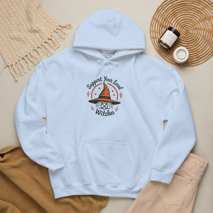 Support Your Local Witches Hoodie — Cute Witch Hat Graphic Pullover for Halloween