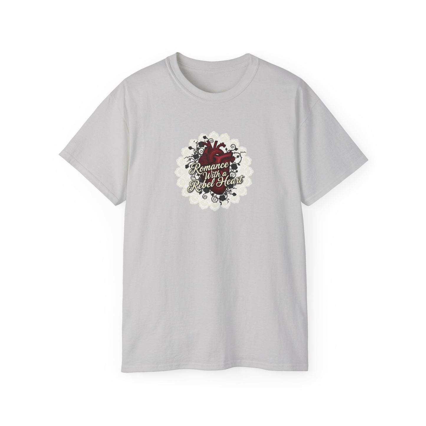 Romance with a Rebel Heart Tee — Gothic Floral Heart Graphic T-Shirt
