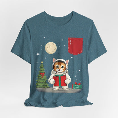 Christmas Cat Faux Pocket — Cute Holiday Cat Holding Gift Night Sky T-Shirt