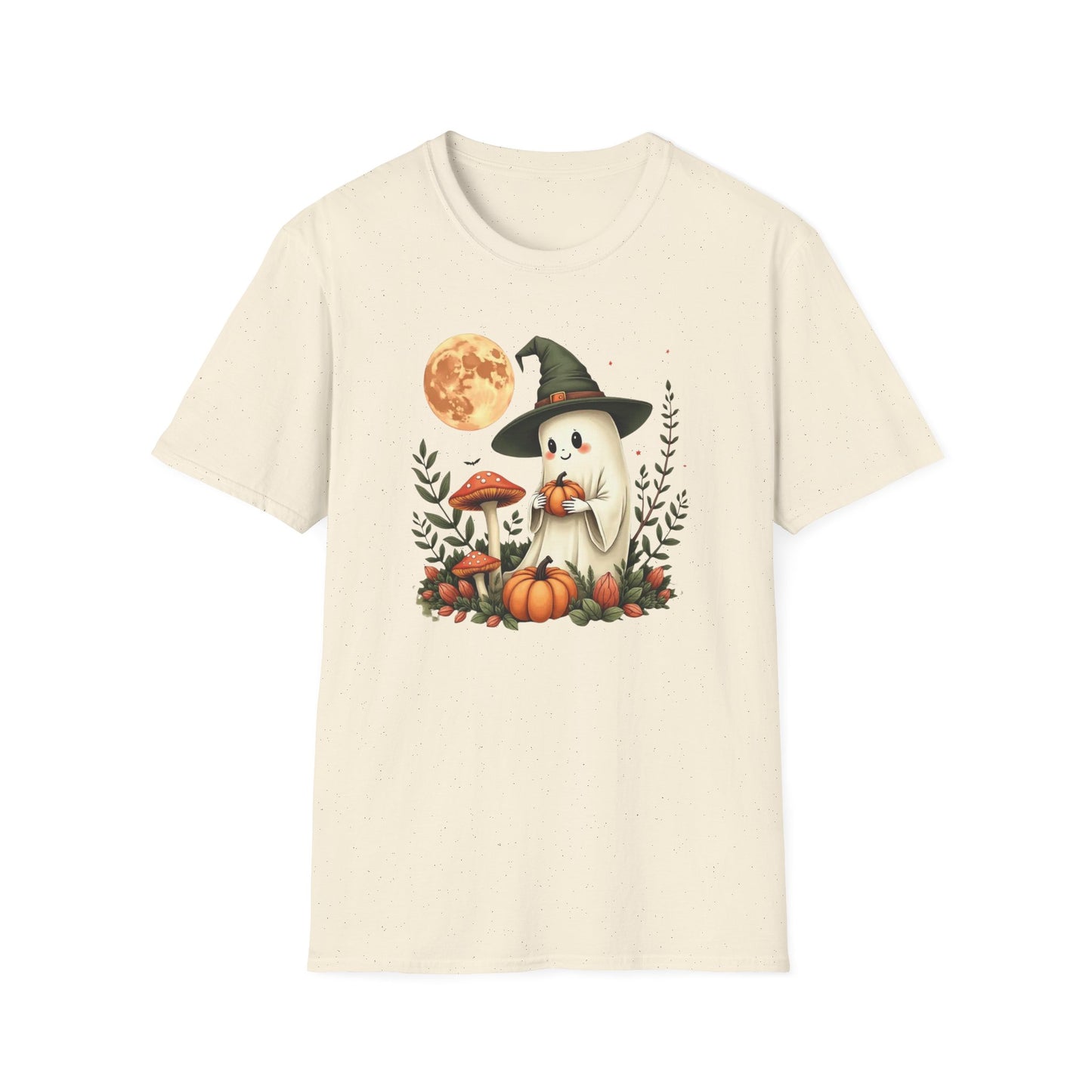 Ghost Witch T‑Shirt — Cute Halloween Moon, Pumpkin & Mushroom Design