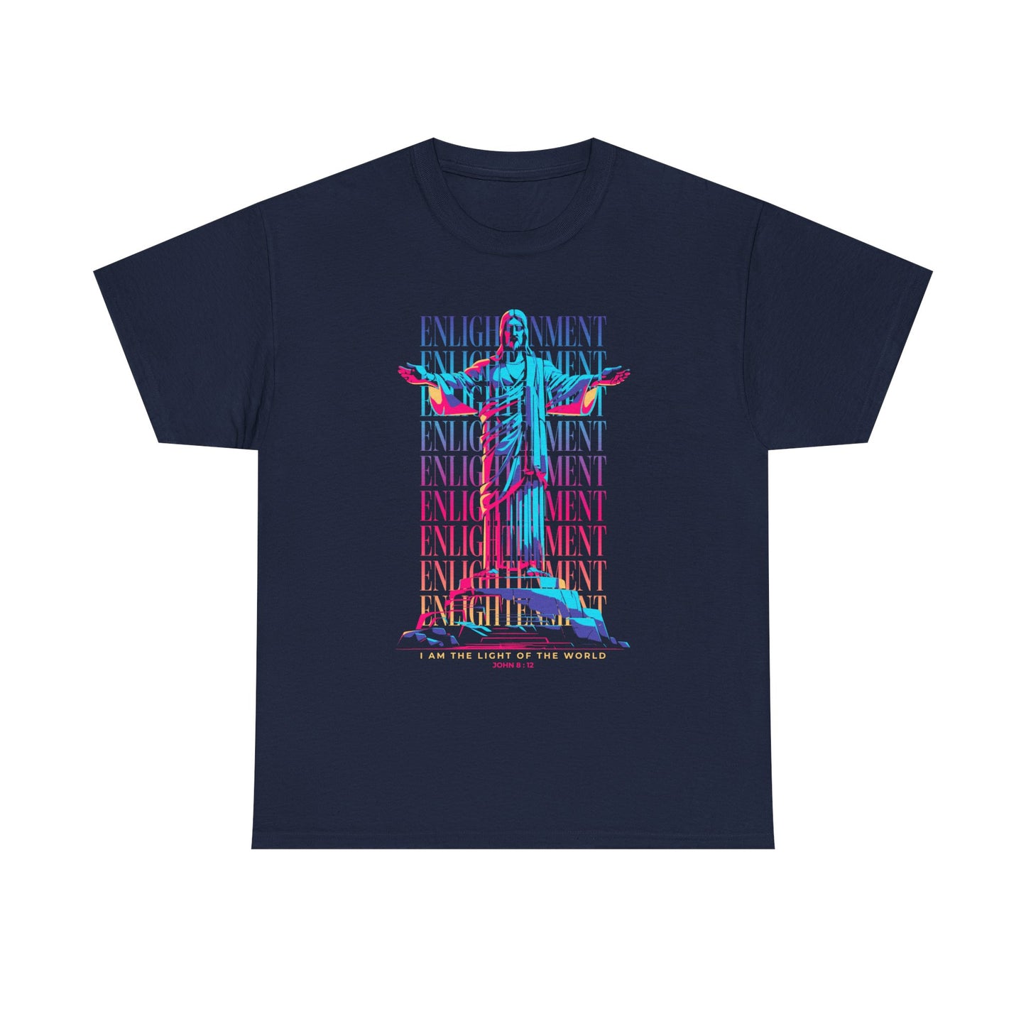 Enlightenment Tee — Neon Statue Graphic T-Shirt ("Entertainment" Text Design)