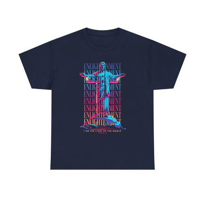 Enlightenment Tee — Neon Statue Graphic T-Shirt ("Entertainment" Text Design)