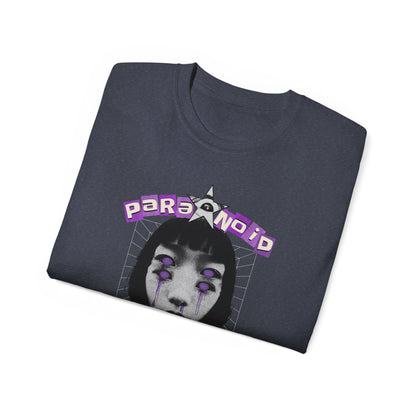 Paranoid in Vegas, Retro Cyber Goth Tee — Purple Distorted Face Graphic Shirt