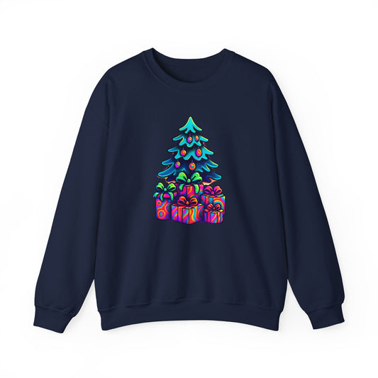 Psychedelic Christmas Tree Sweatshirt — Colorful Holiday Tree with Gifts Crewneck