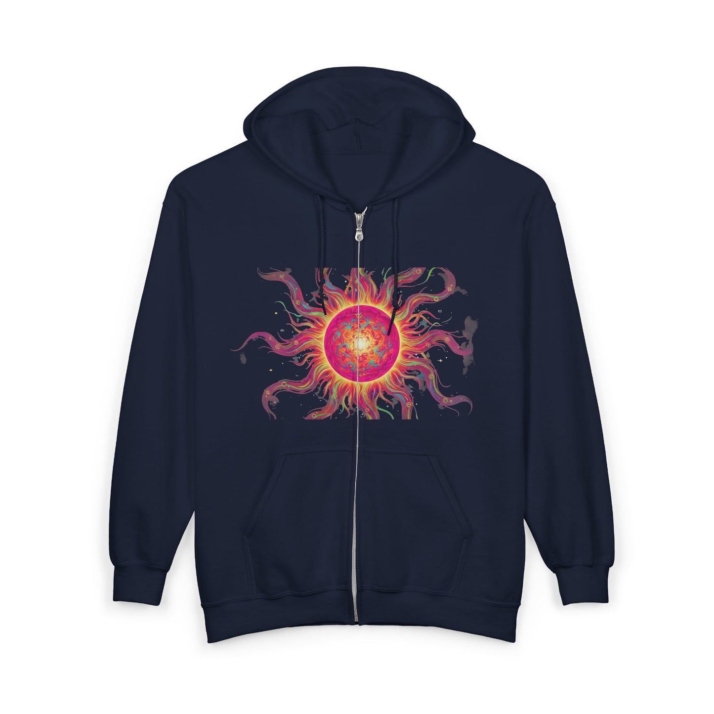 Sunburst Zip Hoodie — Vibrant Psychedelic Sun Graphic