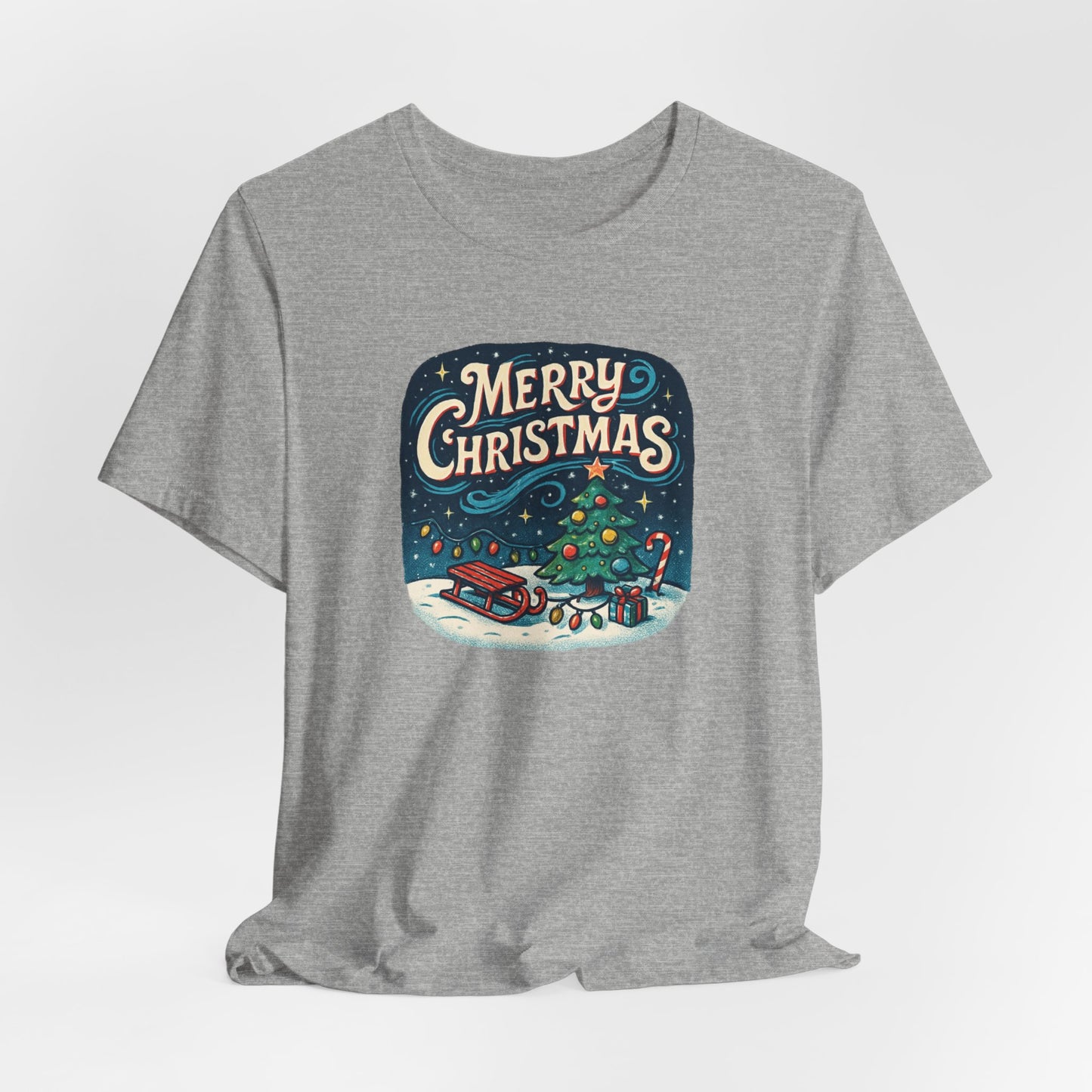 Merry Christmas Tee — Vintage Holiday Tree & Sled Graphic T-Shirt