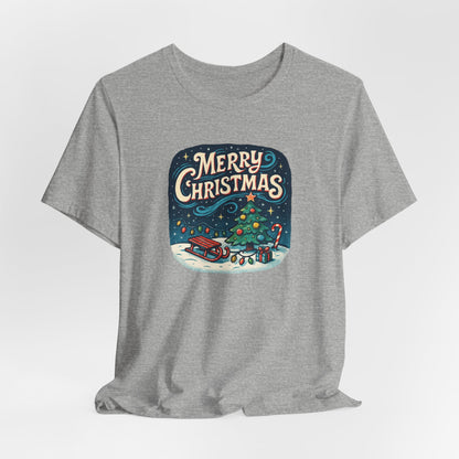Merry Christmas Tee — Vintage Holiday Tree & Sled Graphic T-Shirt