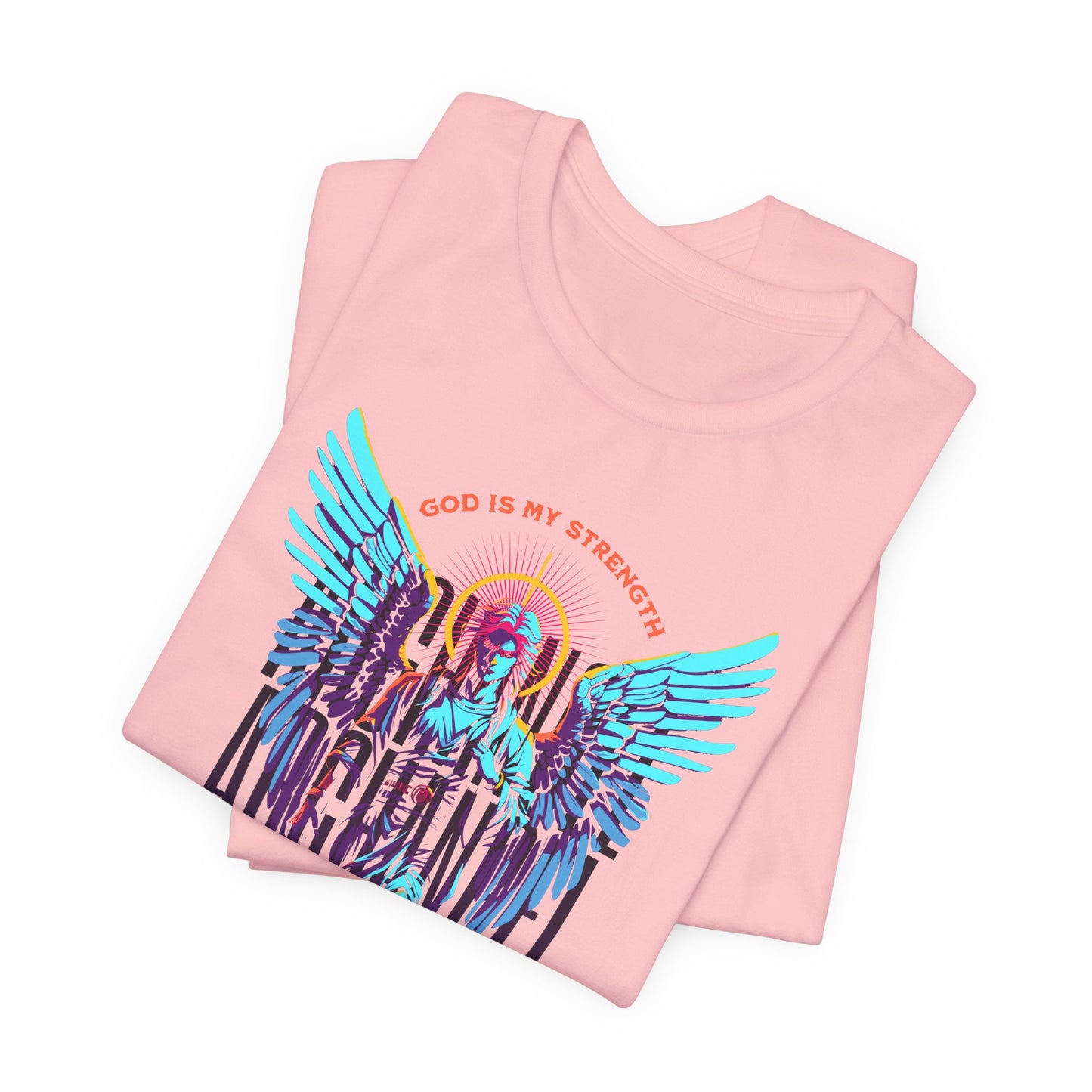 St. Gabriel Angel Tee — "God Is My Strength" Neon Graphic T-Shirt