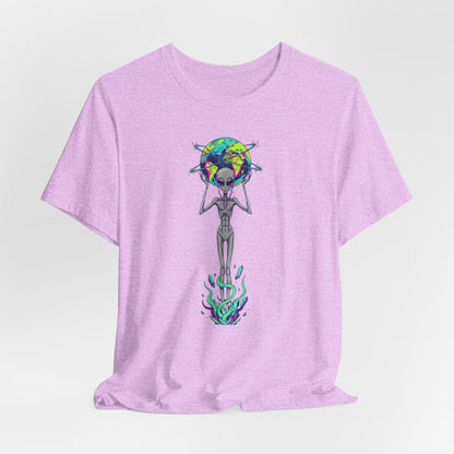 Alien Holding Earth Graphic Tee — Cosmic Sci‑Fi Alien Shirt