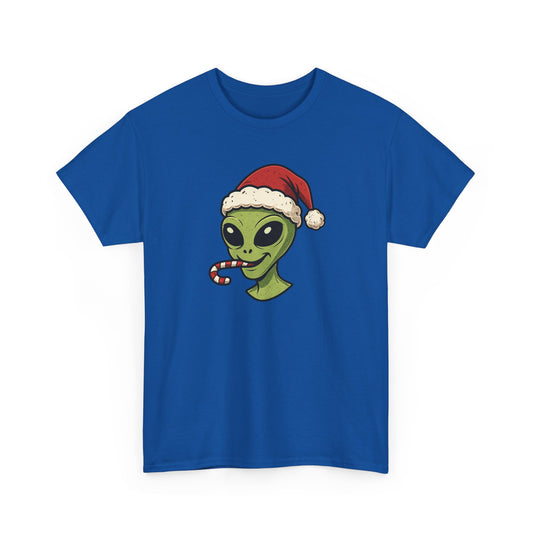 Alien Santa T-Shirt — Cute Green Alien with Santa Hat & Candy Cane Holiday Tee