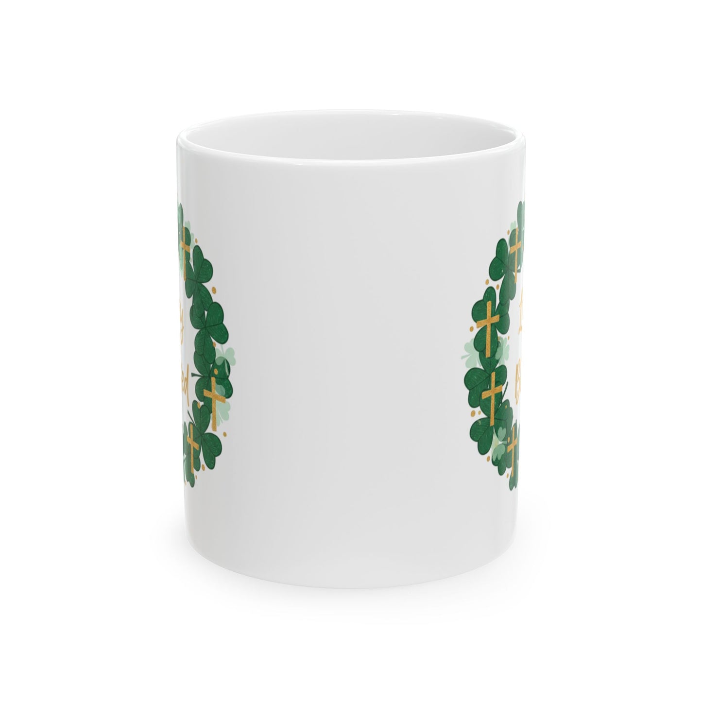 Lucky and Blessed Ceramic Mug — St. Patrick’s Shamrock & Cross Coffee Cup (11oz/15oz)